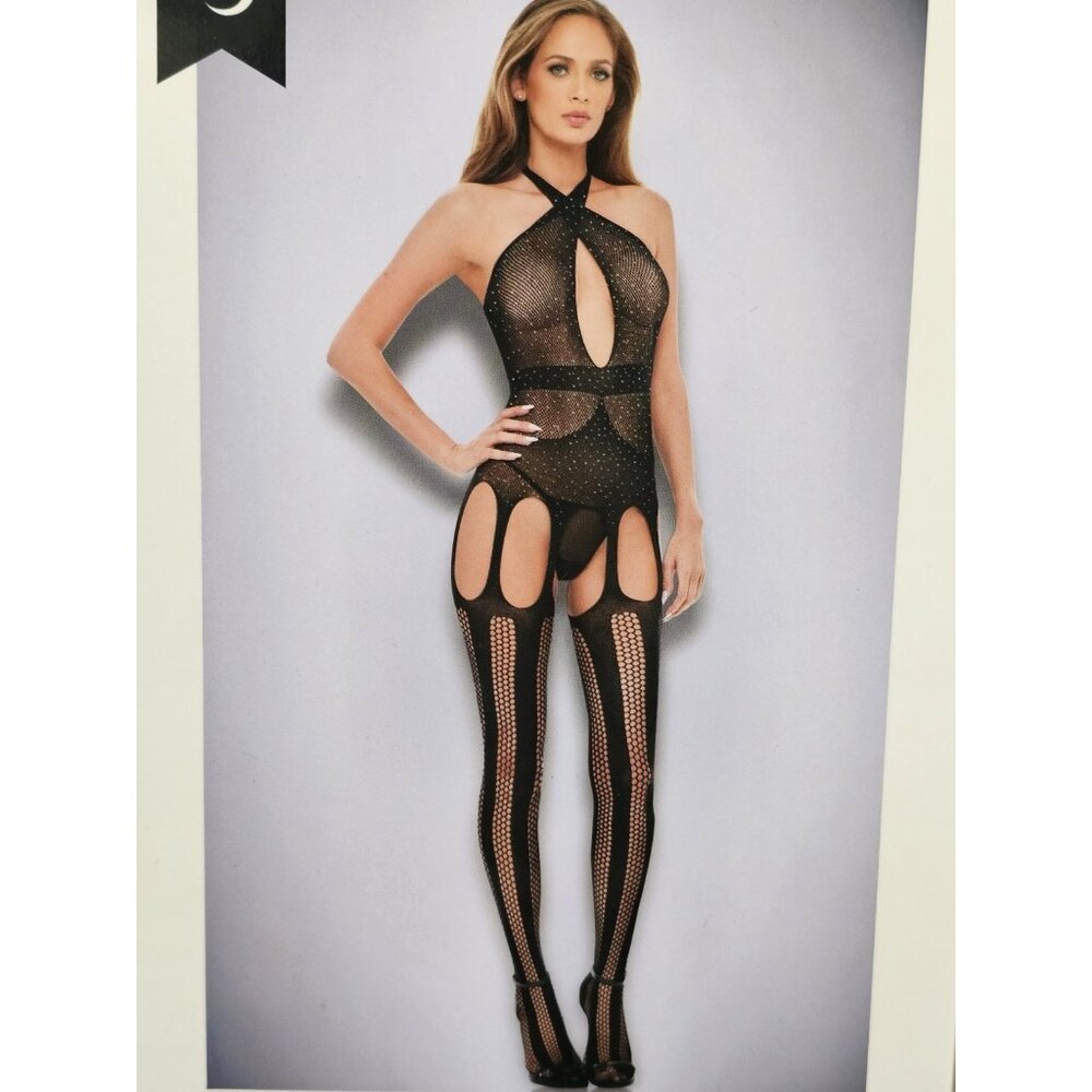 Baci Lingerie Women's One Size 2-14 Black Lace Diamonte Halter Top Bodystocking